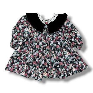 Vtg JoLene Floral Print Dress Size 3T Black Lace Collar Multicolor Rose 90s